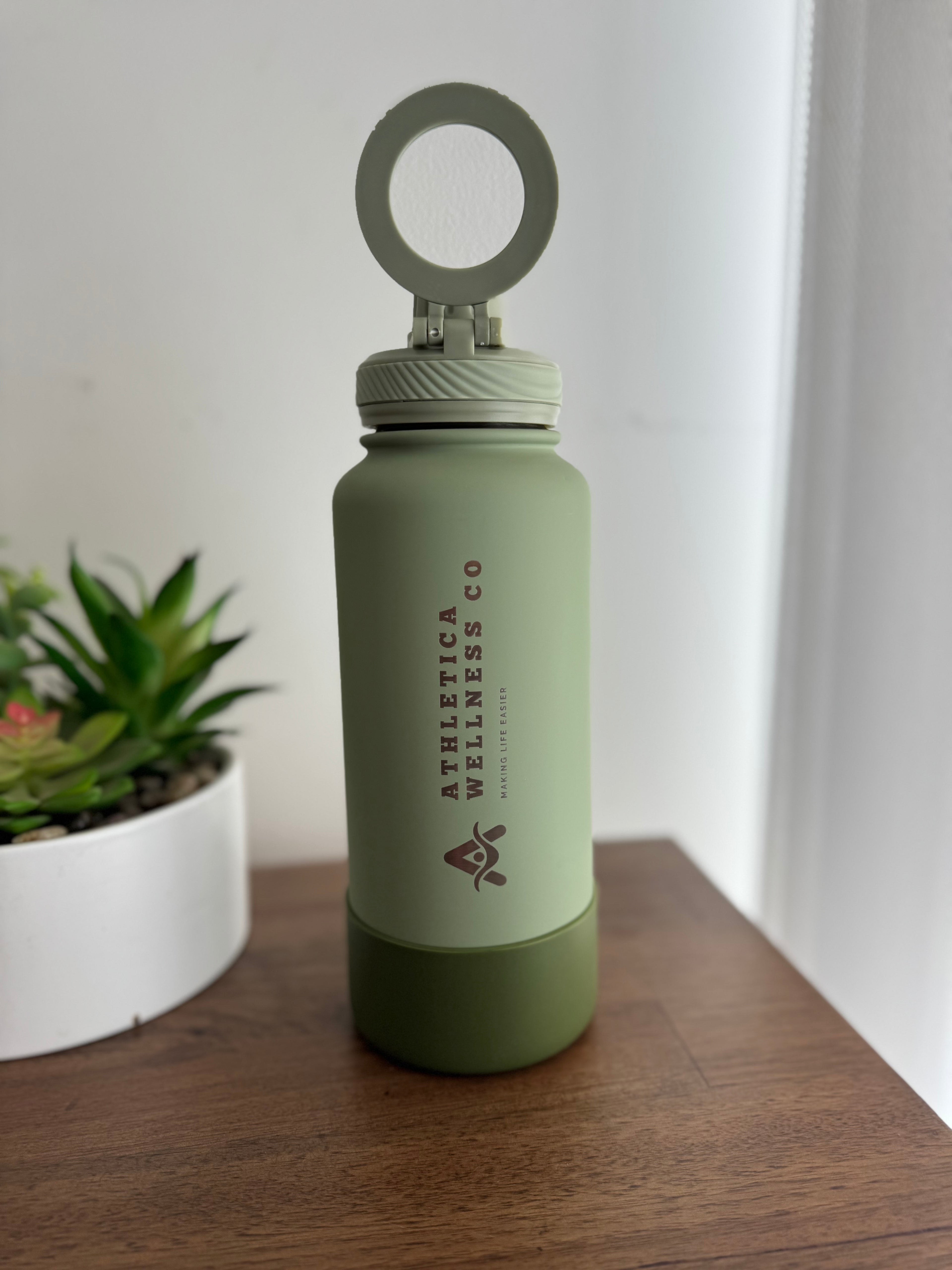 Athletica Wellness Co Custom Water Bottle - Olive Green | 1L Magnetic Tumbler Flask